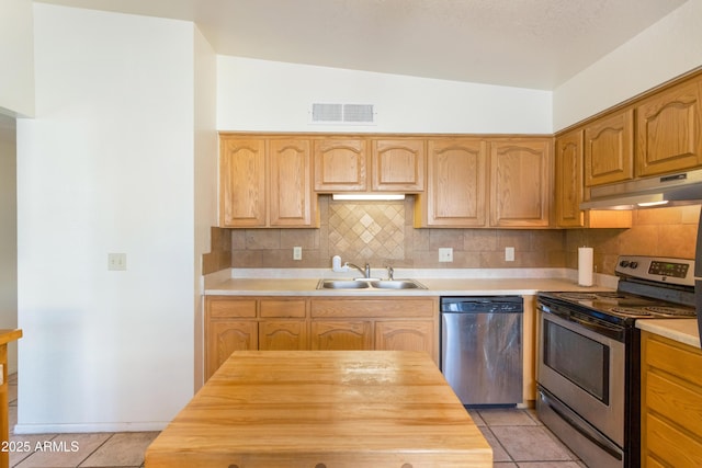 kitchen featuring visible vents, decorative backsplash, appliances with stainless steel finishes, a sink, and under cabinet range hood