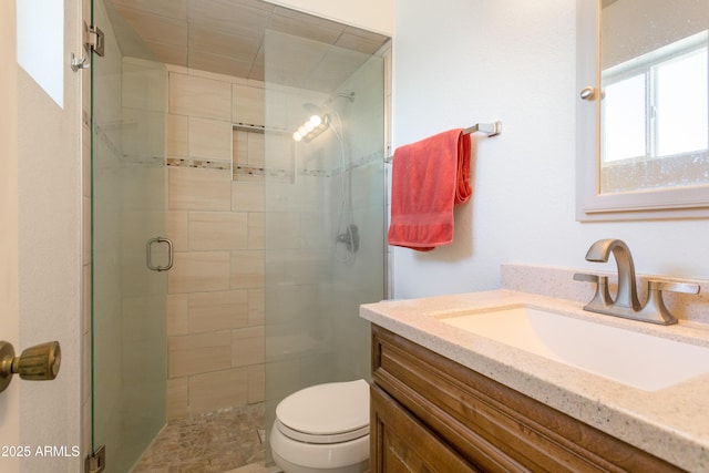 bathroom featuring toilet, a shower stall, and vanity