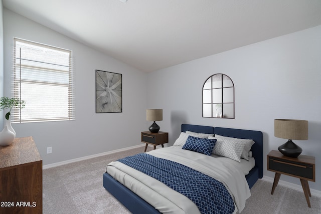 bedroom with lofted ceiling, carpet, and multiple windows