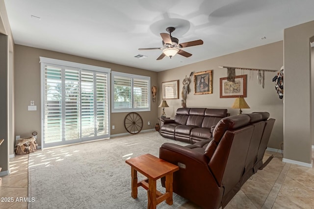 living room with ceiling fan