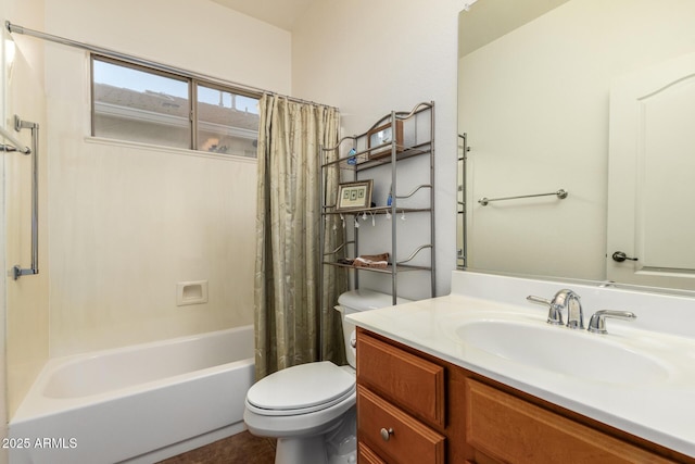 full bathroom featuring vanity, shower / bath combination with curtain, and toilet