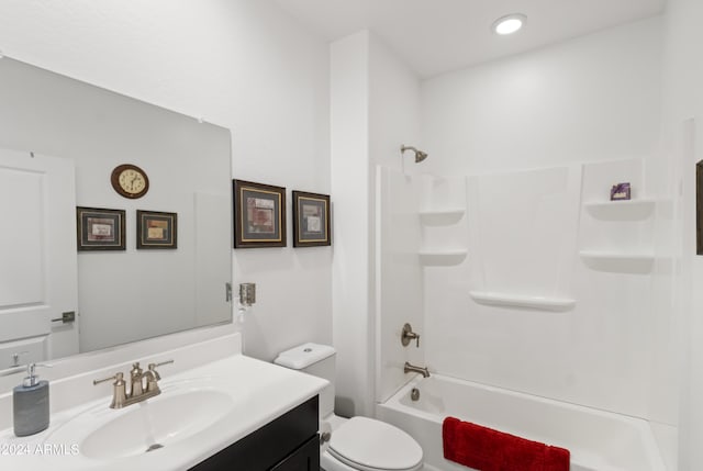 full bathroom with recessed lighting, shower / bathtub combination, toilet, and vanity