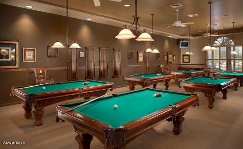 recreation room featuring ceiling fan, pool table, and carpet