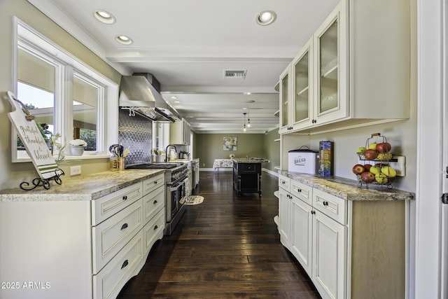 kitchen with dark wood finished floors, island exhaust hood, visible vents, glass insert cabinets, and high end stove