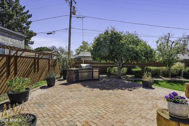 view of patio featuring exterior kitchen, a fenced backyard, and area for grilling