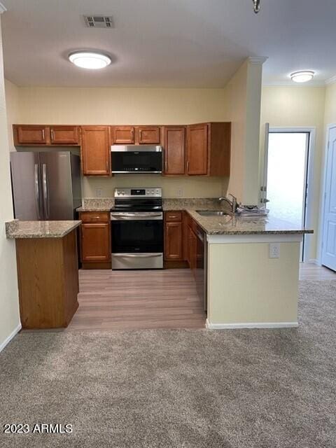 kitchen featuring kitchen peninsula, sink, light colored carpet, and stainless steel appliances