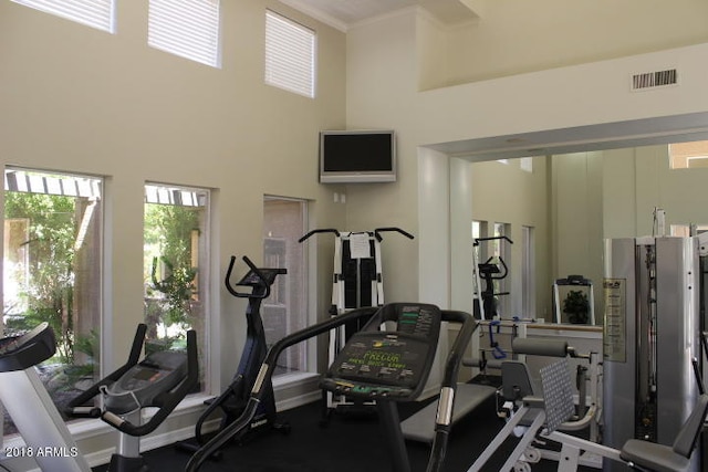 exercise room with ornamental molding and a towering ceiling