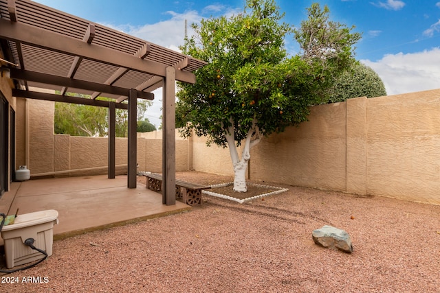 view of yard with a patio area, a fenced backyard, and a pergola