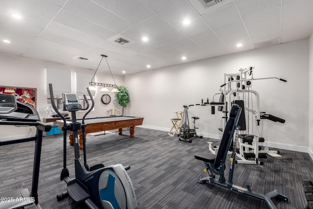 workout area featuring recessed lighting, visible vents, and baseboards