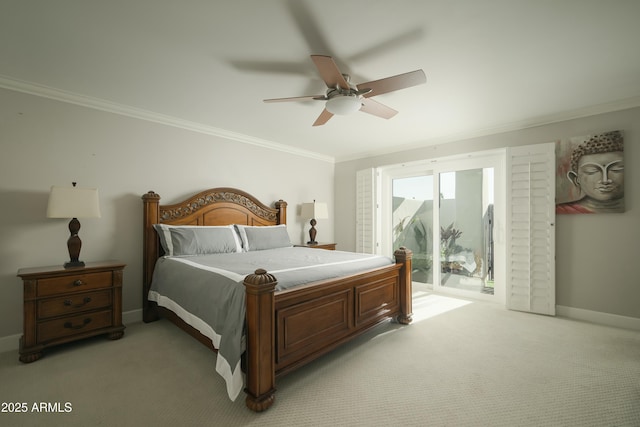 bedroom with access to exterior, light carpet, crown molding, and baseboards