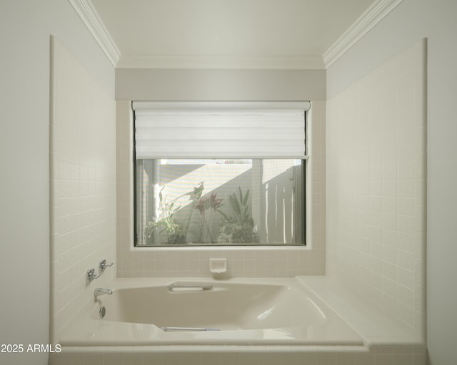 full bathroom featuring ornamental molding and a bath