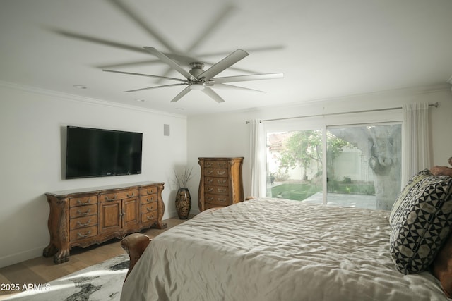 bedroom with baseboards, a ceiling fan, light wood-style flooring, access to exterior, and crown molding