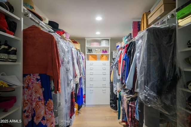 walk in closet with light wood finished floors