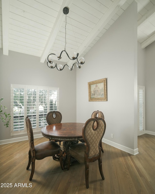 dining area with high vaulted ceiling, beamed ceiling, dark wood finished floors, and baseboards