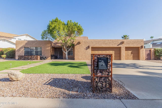 view of front of home with a front lawn and a garage