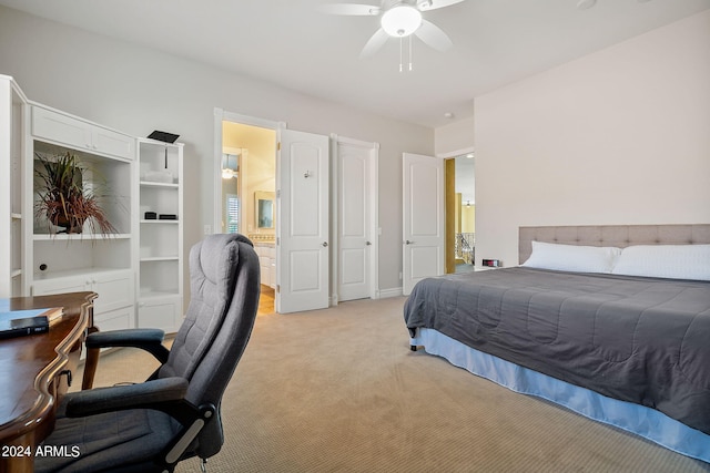 bedroom featuring ceiling fan and light colored carpet