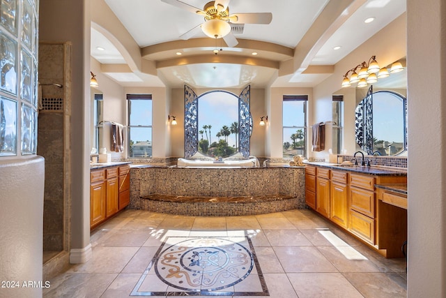 bathroom with separate shower and tub, ceiling fan, tile patterned flooring, and vanity