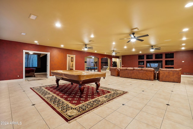 game room featuring light tile patterned floors, ceiling fan, and billiards