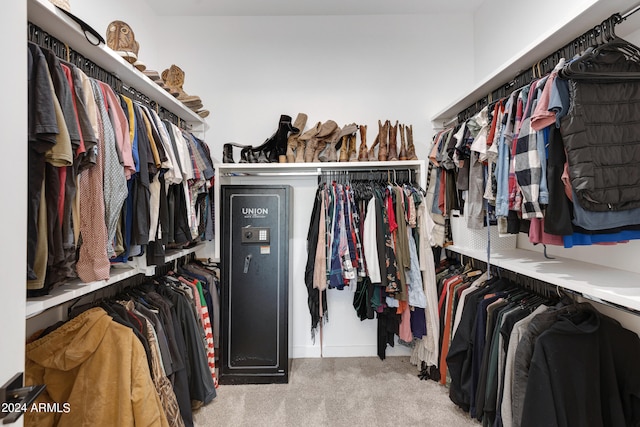 walk in closet with light colored carpet