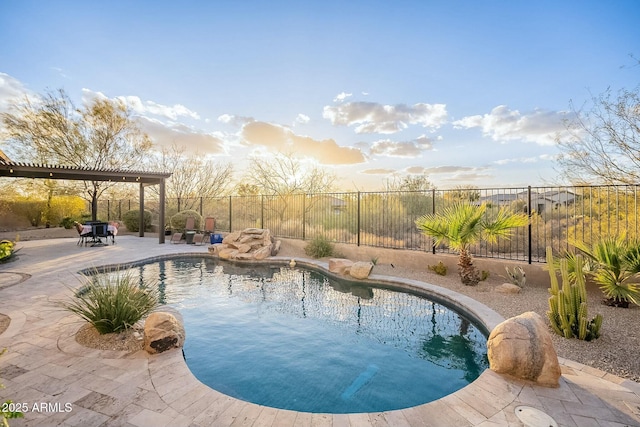 view of pool featuring a patio, a fenced backyard, and a fenced in pool