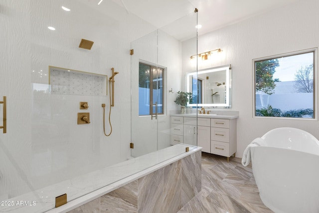 bathroom with vanity, parquet flooring, and separate shower and tub