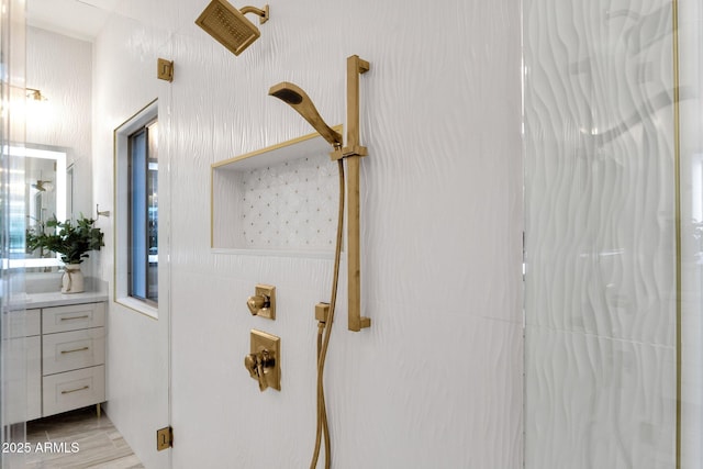 bathroom featuring vanity and hardwood / wood-style floors