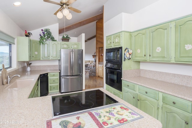 125 Partridge Ln, Prescott, AZ 86303 - kitchen featuring a sink, light countertops, black appliances, and lofted ceiling with beams
