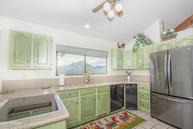 125 Partridge Ln, Prescott, AZ 86303 - kitchen featuring light countertops, freestanding refrigerator, a ceiling fan, light tile patterned flooring, and dishwasher