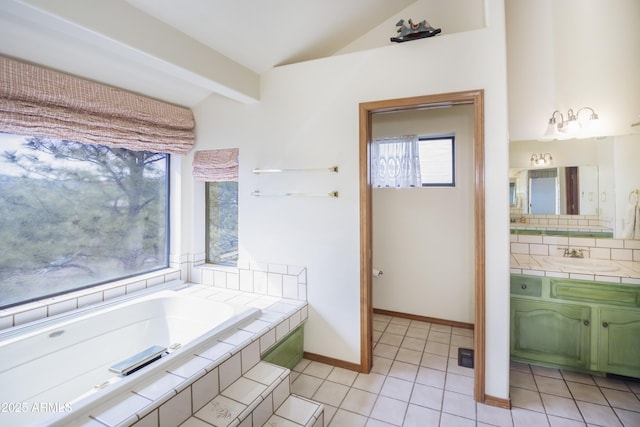 125 Partridge Ln, Prescott, AZ 86303 - full bathroom with a garden tub, vanity, tile patterned flooring, vaulted ceiling with beams, and decorative backsplash