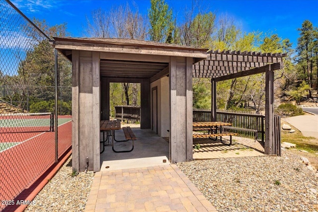 125 Partridge Ln, Prescott, AZ 86303 - view of patio / terrace featuring a pergola, a tennis court, and fence