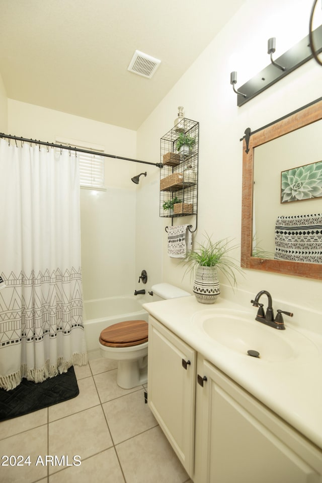 full bathroom with tile patterned flooring, vanity, toilet, and shower / tub combo with curtain