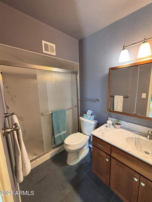 4910 E Foothills Dr, Sierra Vista, AZ 85635 - full bathroom featuring vanity, toilet, a shower stall, tile patterned floors, and a textured wall
