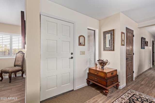 foyer with baseboards and wood finished floors