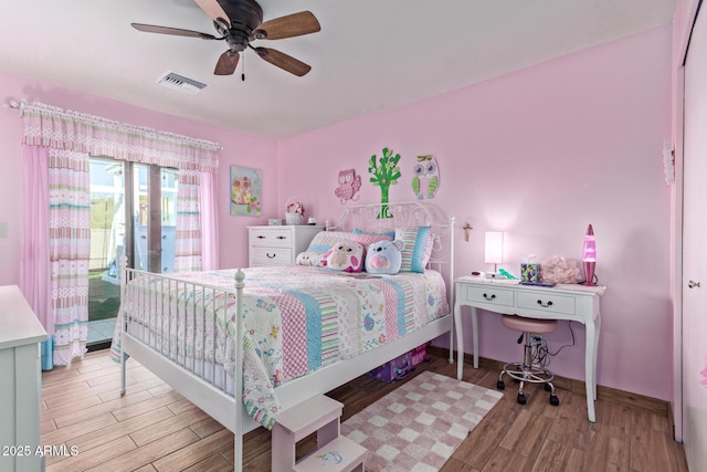 bedroom with visible vents, baseboards, ceiling fan, access to outside, and light wood-type flooring