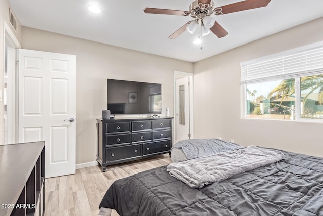 bedroom with ceiling fan and light wood-type flooring