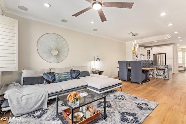 4419 N 24th Way, Phoenix, AZ 85016 - living room with ornamental molding, ceiling fan, light wood-style flooring, and recessed lighting