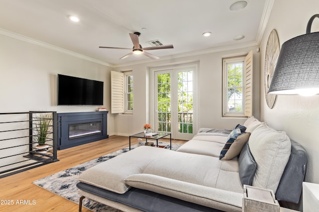 4419 N 24th Way, Phoenix, AZ 85016 - living room with a ceiling fan, wood finished floors, crown molding, a glass covered fireplace, and recessed lighting