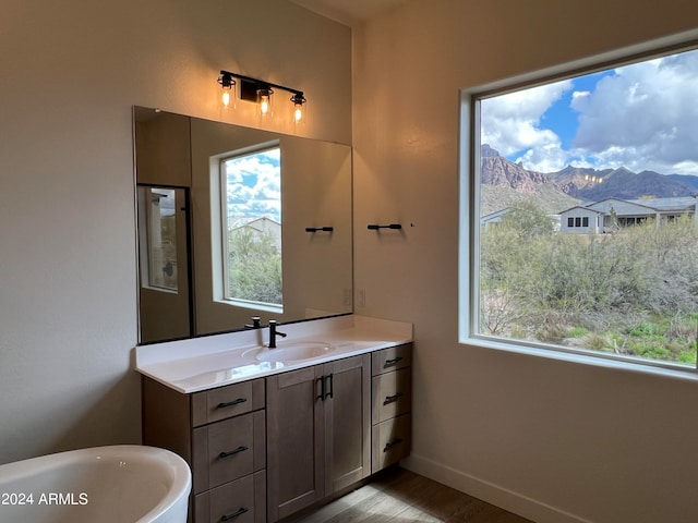 bathroom featuring a bathtub, a mountain view, oversized vanity, and hardwood / wood-style floors