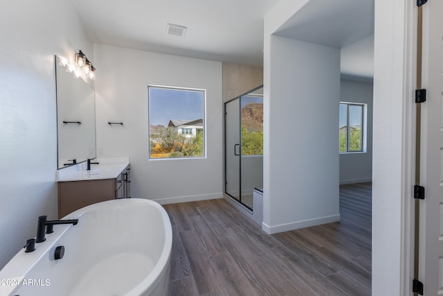 bathroom featuring plus walk in shower, plenty of natural light, hardwood / wood-style flooring, and vanity