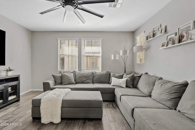 living room with ceiling fan and wood-type flooring