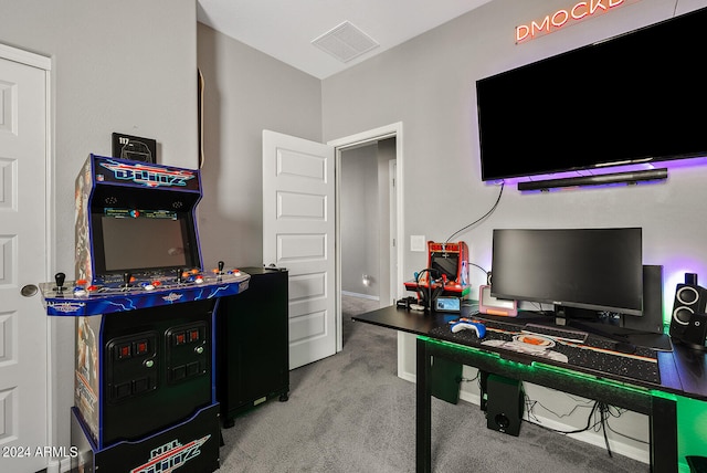 game room with light carpet