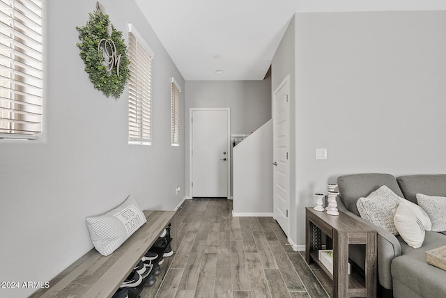 mudroom with hardwood / wood-style flooring