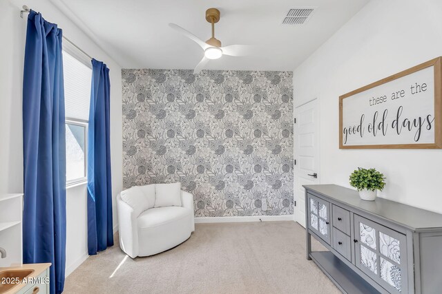 3592 W Cobalt Ct, San Tan Valley, AZ 85144 - sitting room featuring ceiling fan, carpet flooring, baseboards, and wallpapered walls