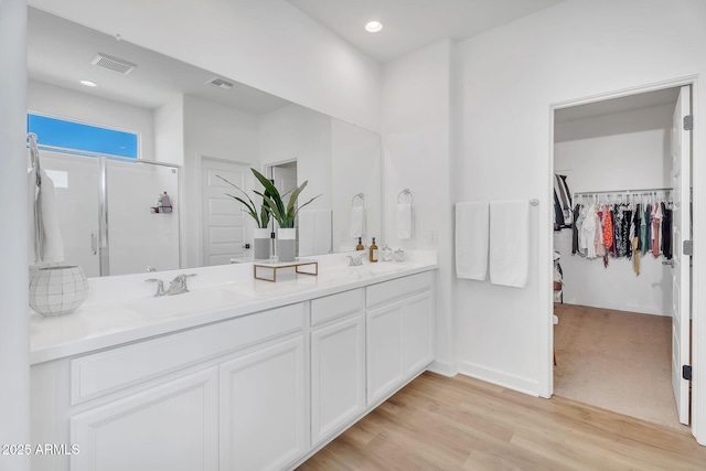 3592 W Cobalt Ct, San Tan Valley, AZ 85144 - full bath with double vanity, a stall shower, wood finished floors, a spacious closet, and recessed lighting