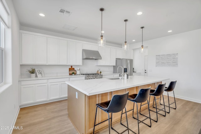 3592 W Cobalt Ct, San Tan Valley, AZ 85144 - kitchen featuring under cabinet range hood, a large island, range, light wood-style flooring, and recessed lighting
