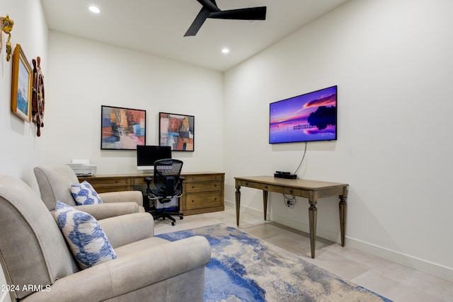 office area featuring light tile patterned floors and ceiling fan