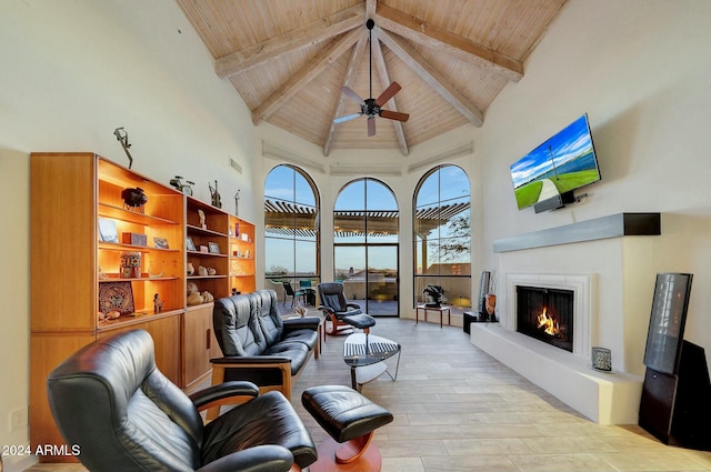 living room with ceiling fan, beam ceiling, wooden ceiling, and high vaulted ceiling