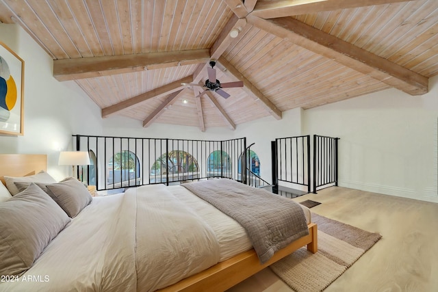 bedroom featuring lofted ceiling with beams, ceiling fan, wood ceiling, and wood-type flooring