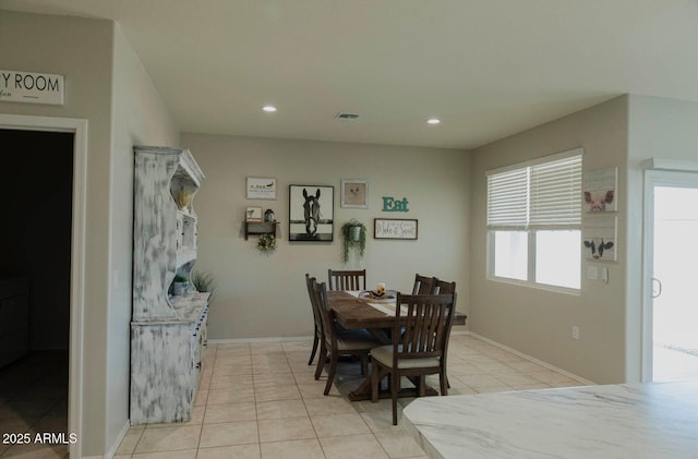 dining room featuring visible vents, light tile patterned floors, recessed lighting, and baseboards