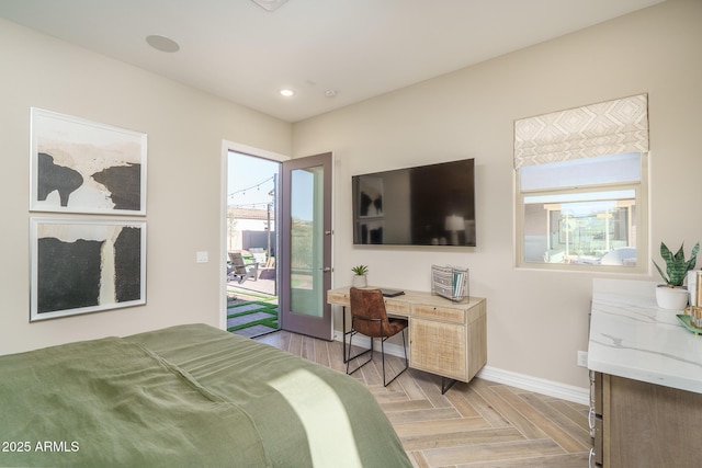 43712 N Acadia Way, New River, AZ 85087 - bedroom with baseboards, access to exterior, multiple windows, and recessed lighting